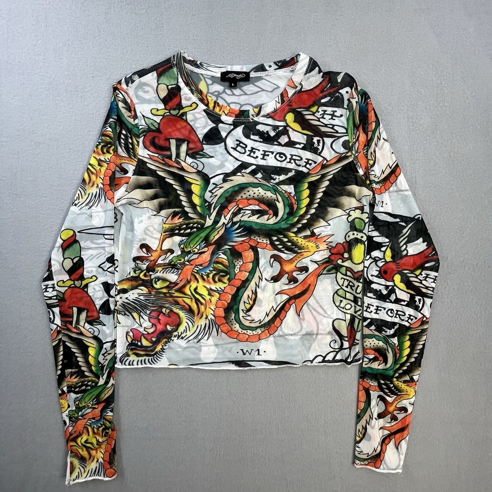 Ed Hardy White Mesh Long Sleeve Crop Top Size Large Dragon Dagger Tattoo Y2K